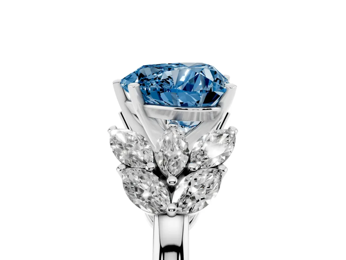 Fancy Blue Heart Cut Diamond Cluster Leaf Design Ring with Prong Setting Platinum