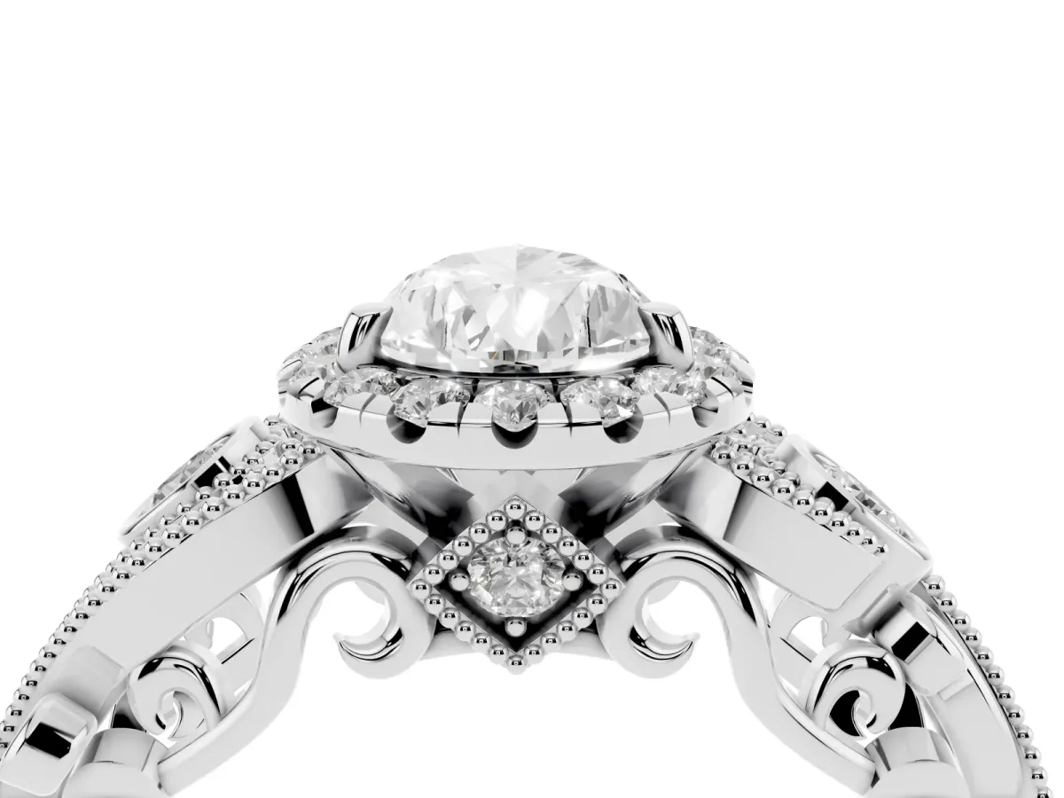Pear Cut Halo Diamond Ring with Milgrain and Bezel Accents on a Split Shank Band Platinum