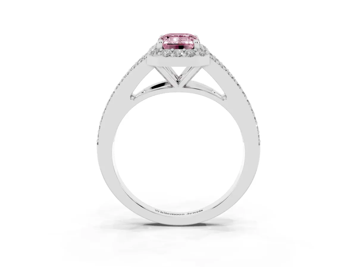 Fancy Pink Emerald Cut Halo Split Shank Diamond Ring with Prong Setting Platinum