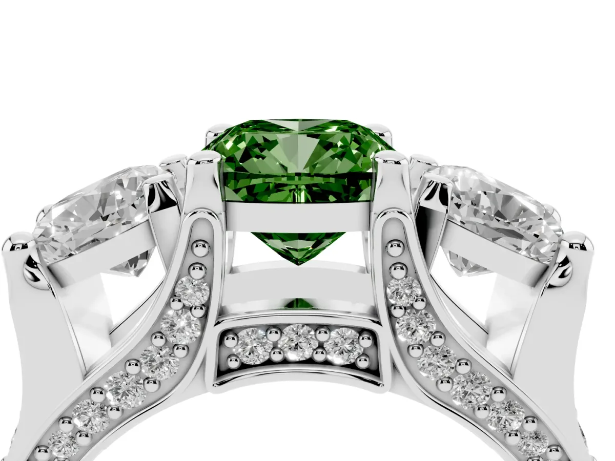 Fancy Green Cushion Cut Diamond Three-Stone Ring with Channel Set Band and Four-Prong Setting Silver