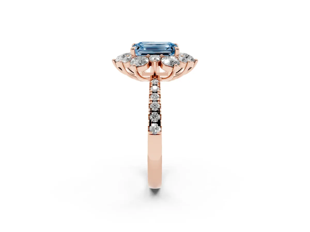Fancy Blue Emerald Cut Diamond Floral Halo Ring with Round Pavé Band and Prong Setting Rose gold