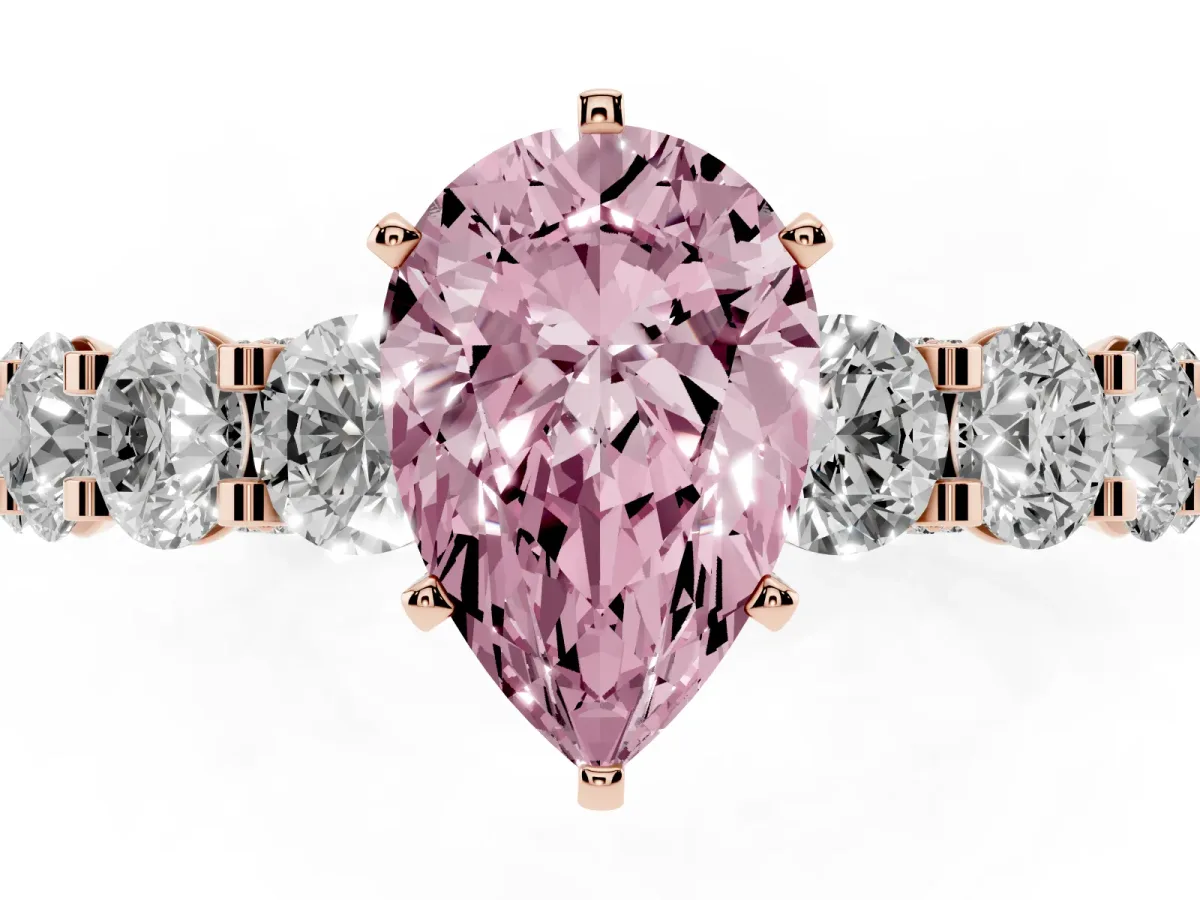 Fancy Pink Pear Cut Diamond Side Stone Engagement Ring with Four-Prong Setting Rose gold