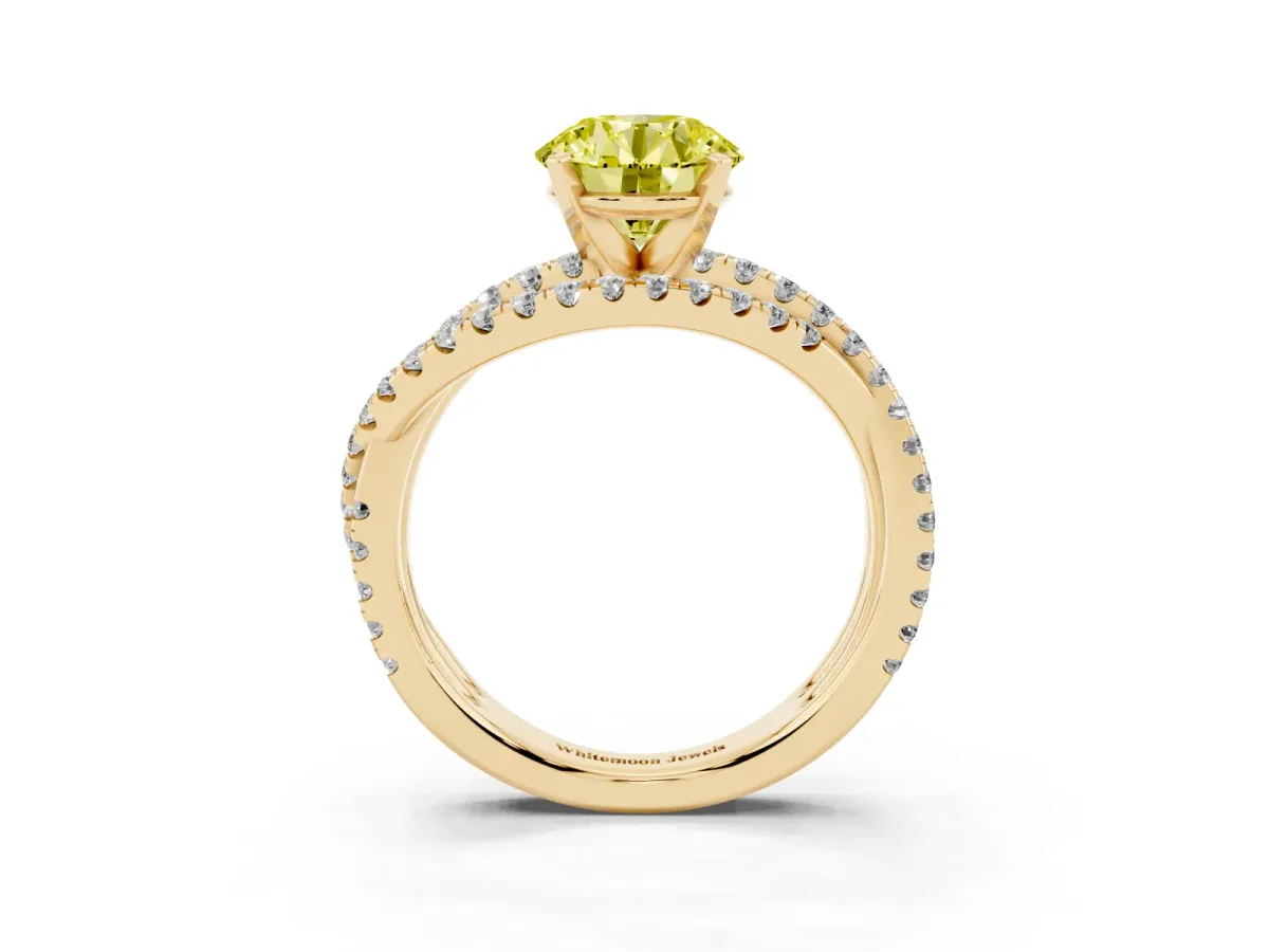 Fancy Yellow Round Cut Solitaire Twist Band with Pavé Setting and Four-Prong Setting Yellow gold