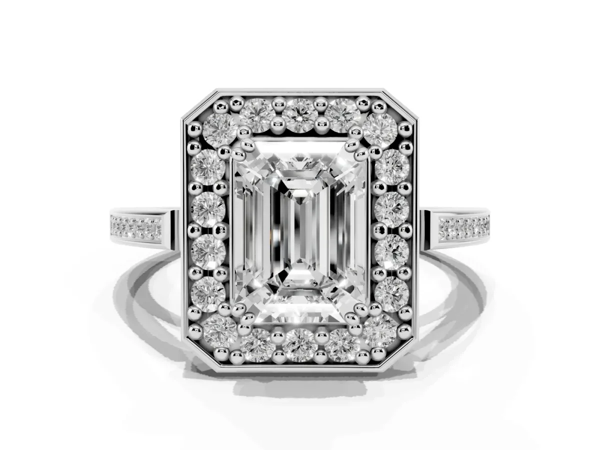 Emerald Cut Diamond Halo Ring with Split Shank and Four-Prong Setting Silver