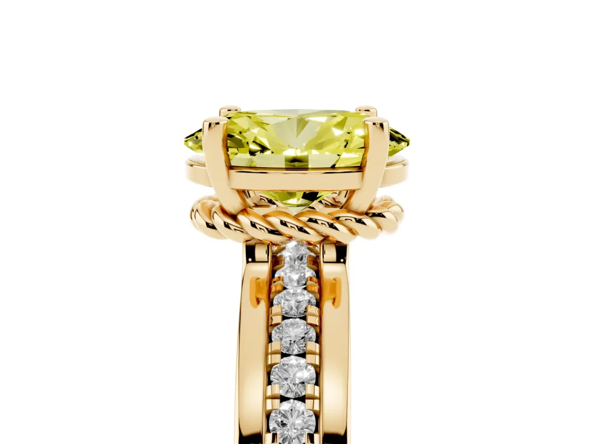 Fancy Yellow Oval Cut Solitaire Diamond Ring with Channel Set Band and Six-Prong Setting Yellow gold
