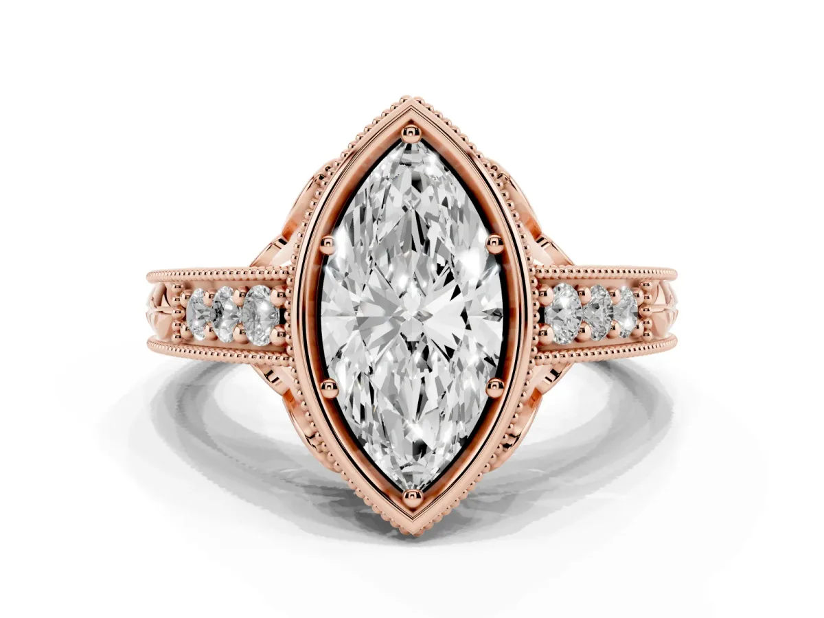 Bezel Set Marquise Cut Diamond Milgrain Pave Engagement Ring Rose gold