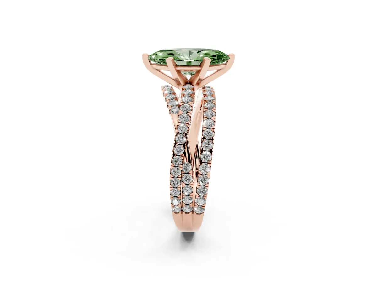 Fancy Green Marquise Cut Solitaire Twist Band with Pavé Setting and Four-Prong Setting Rose gold