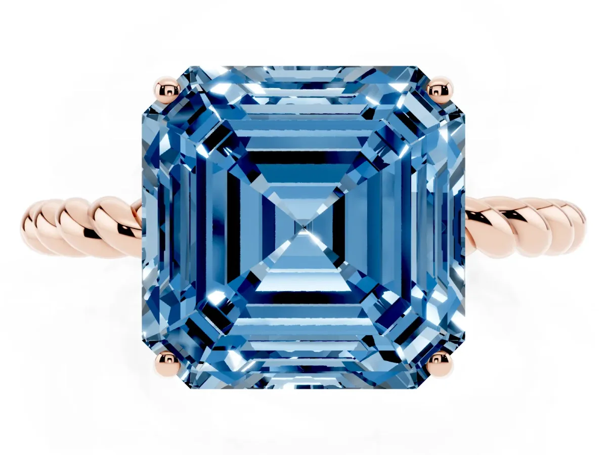 Fancy Blue Asscher Cut Solitaire Twisted Band 4-Prong Ring Rose gold