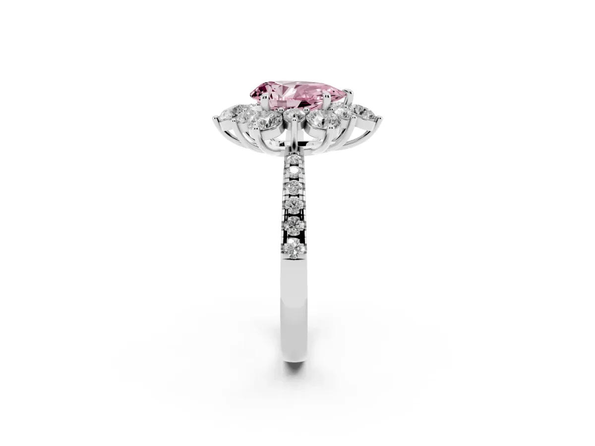 Fancy Pink Pear Cut Diamond Floral Halo Ring with Round Pavé Band and Prong Setting Platinum