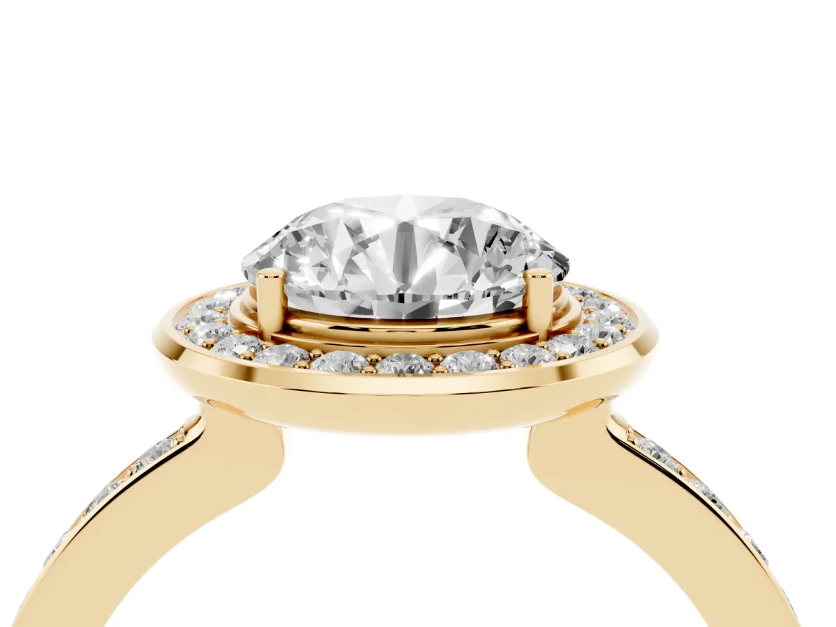 Round Cut Diamond Halo Ring with Bezel Frame and Pavé Band Yellow gold