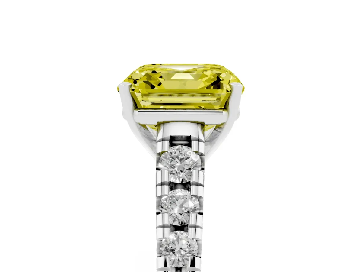 Fancy Yellow Asscher Cut Diamond Cathedral Solitaire Ring with Round Pavé Band Silver