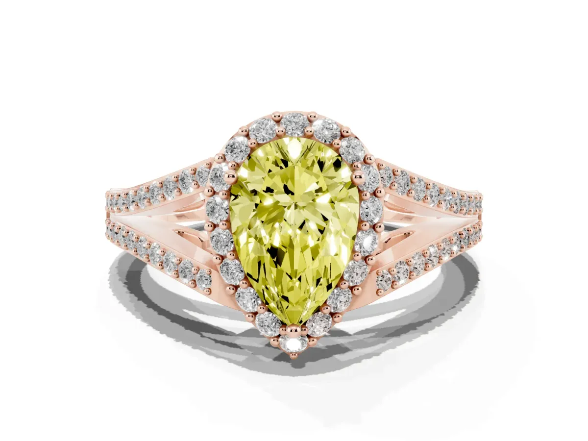 Fancy Yellow Pear Cut Halo Split Shank Pave Diamond Ring with Four-Prong Setting Rose gold
