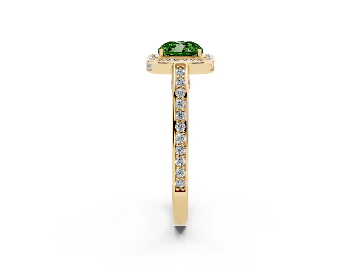 Fancy Green Cushion Cut Cut Halo Pave Split Shank Prong Setting Ring Yellow gold