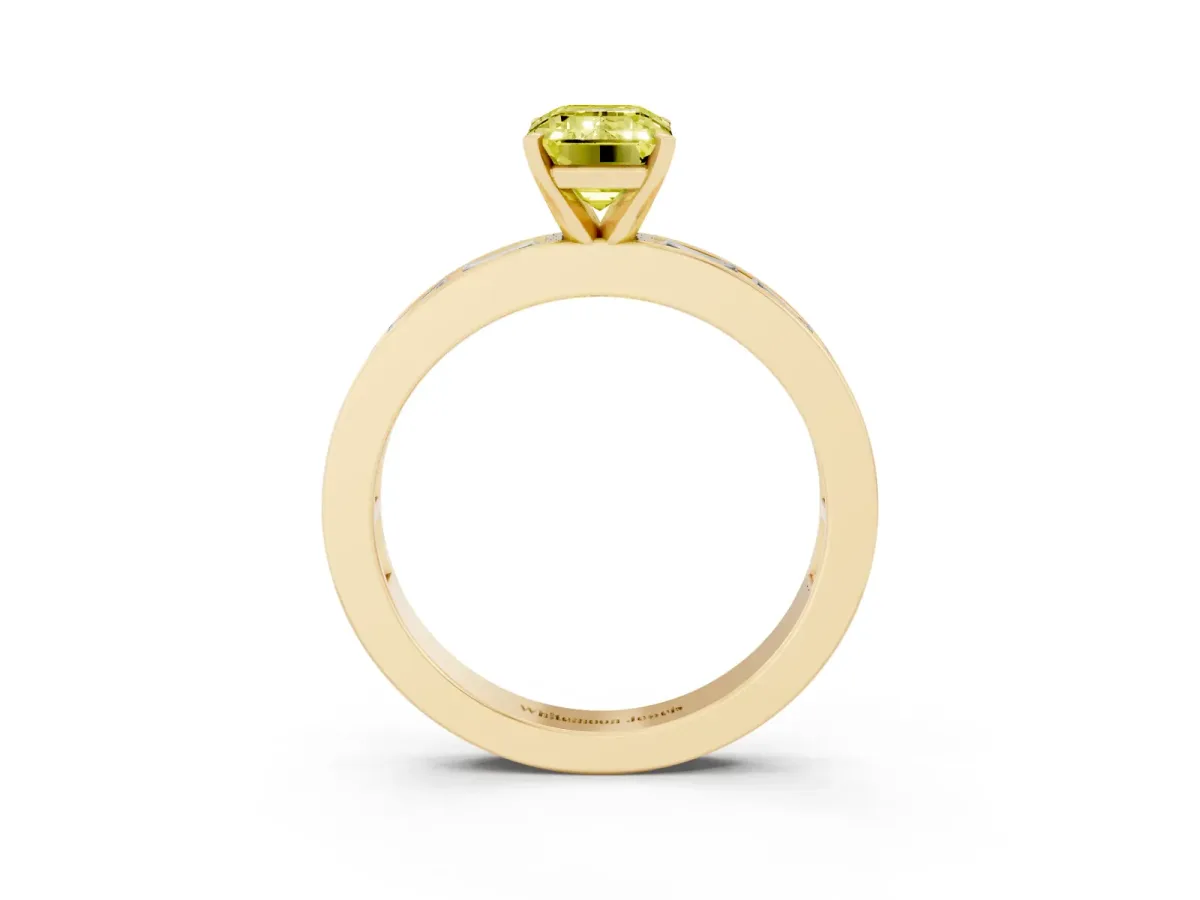 Fancy Yellow Emerald Cut Solitaire Diamond Ring with Channel-Set Baguette Band and Four-Prong Setting Yellow gold
