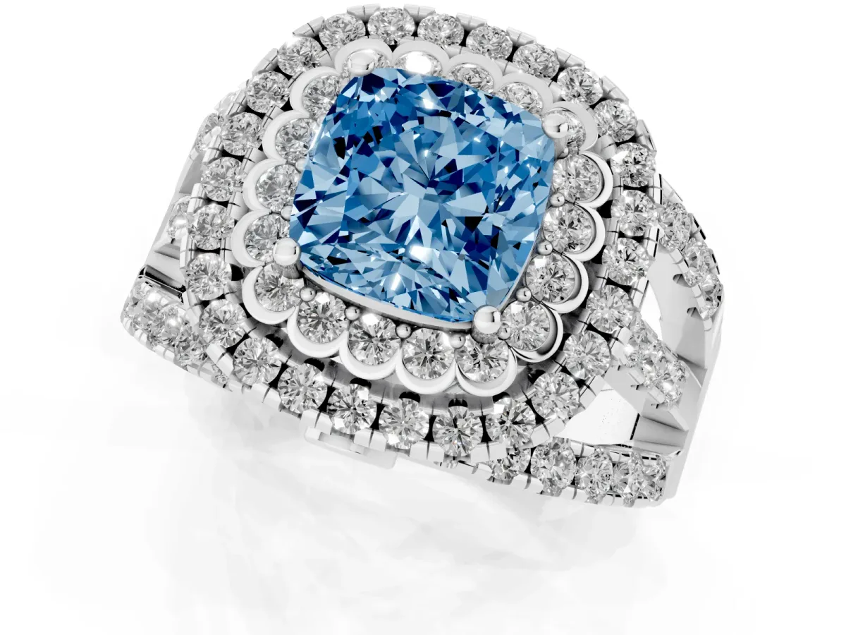 Fancy Blue Cushion Cut Diamond Double Halo Ring with Round Pavé Split Shank and Prong Setting Silver