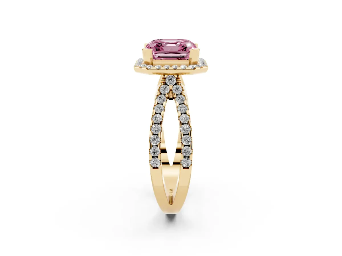 Fancy Pink Asscher Cut Diamond Halo Ring with Split Shank Pavé Band and Prong Setting Yellow gold