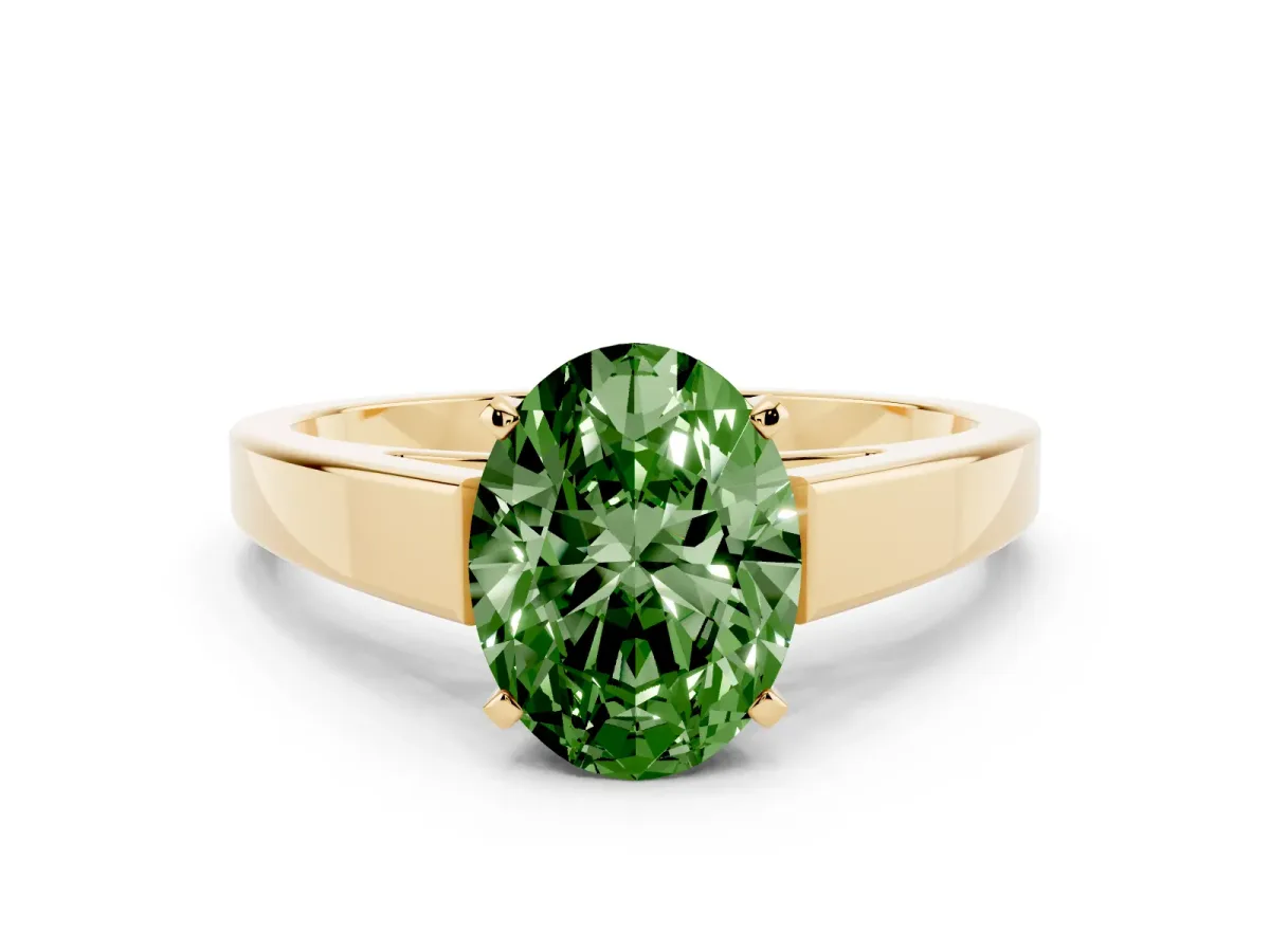 Fancy Green Oval Cut Solitaire Engagement Ring with Four-Prong Setting and Tapered Band Yellow gold