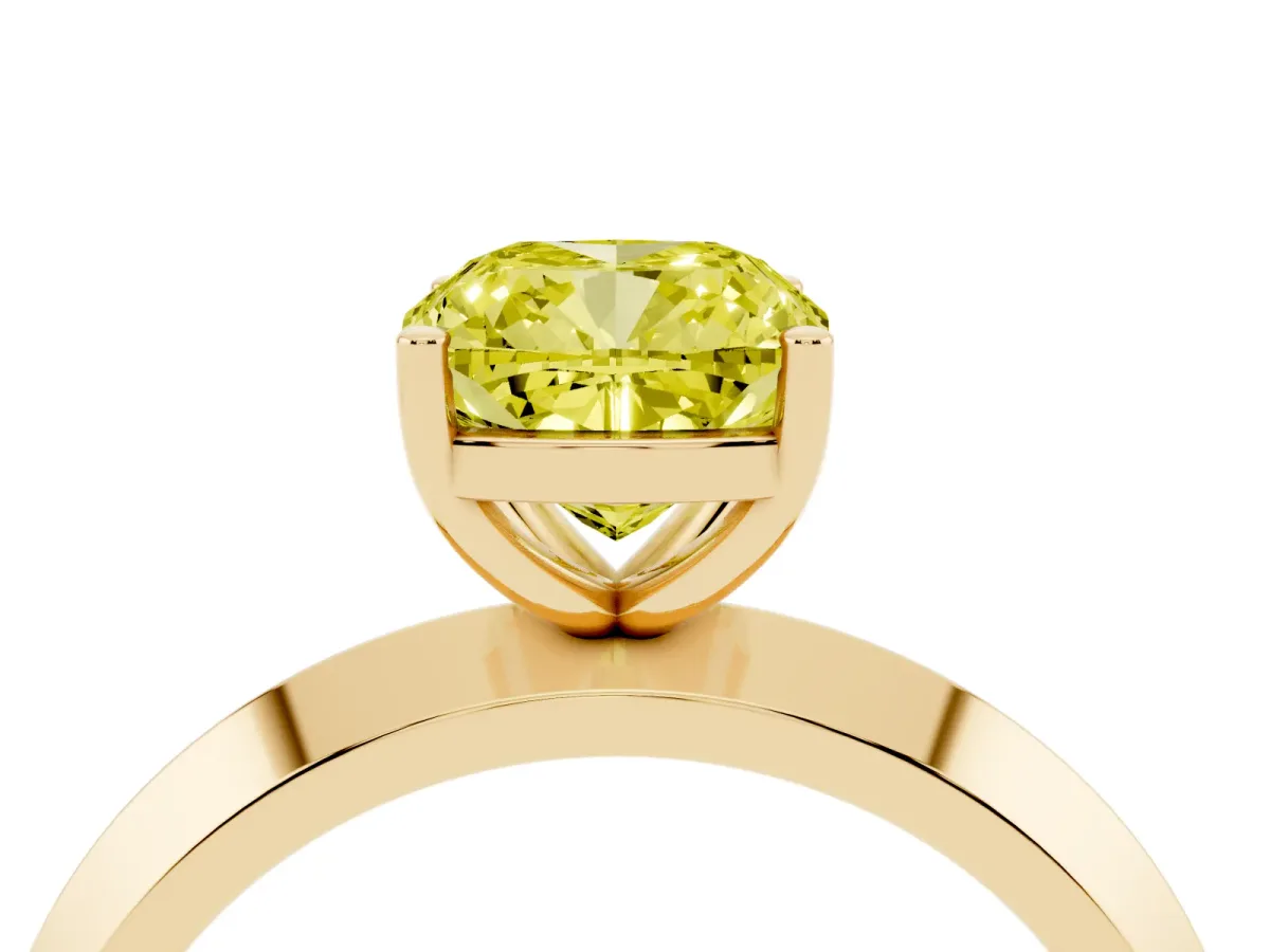 Fancy Yellow Cushion Cut Cut Solitaire Engagement Ring with Flat Band and Four-Prong Setting Yellow gold