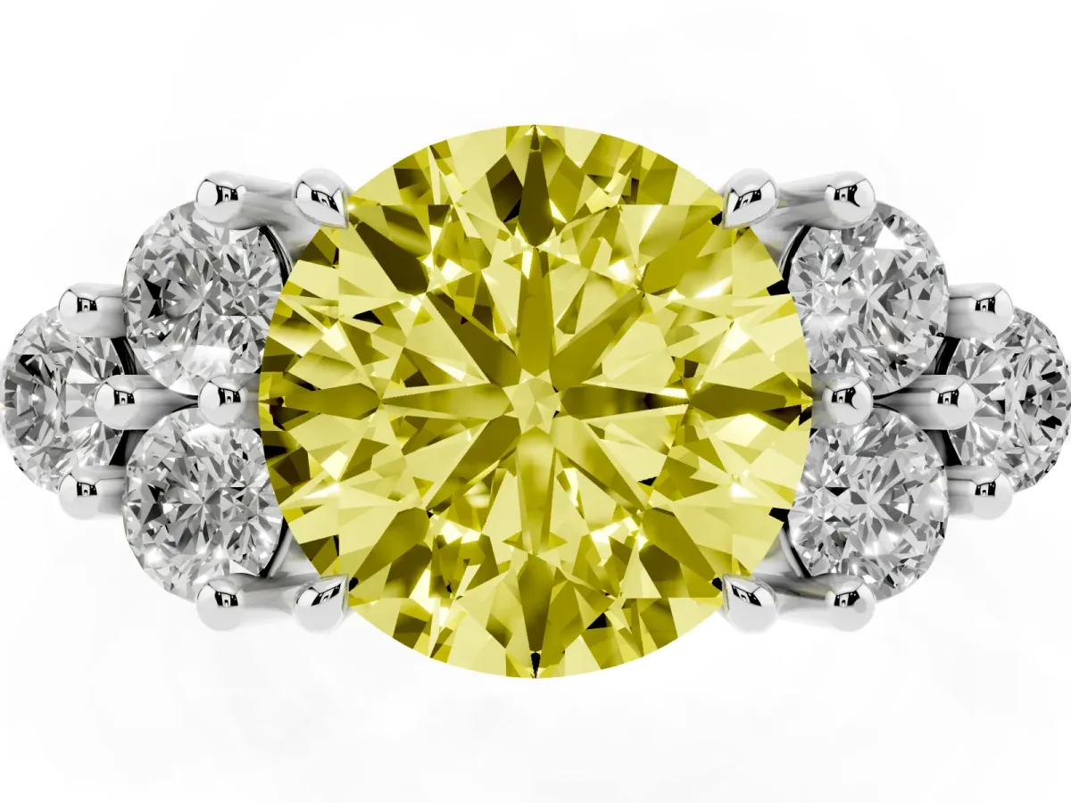 Fancy Yellow Round Cut Brilliant Diamond Cluster Accent Solitaire Ring with Prong Setting White gold