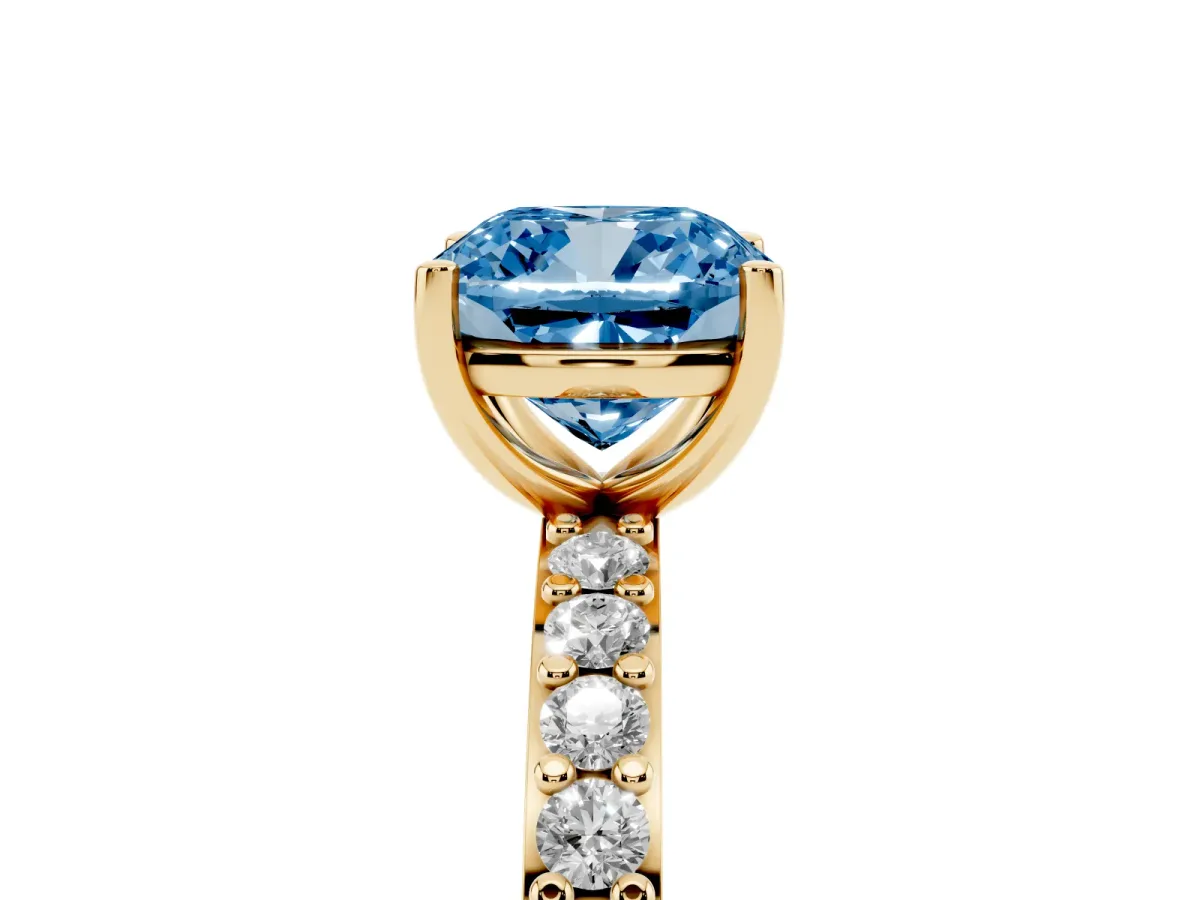 Fancy Blue Cushion Cut Cut Diamond Solitaire with Pave Band and Four-Prong Setting Yellow gold