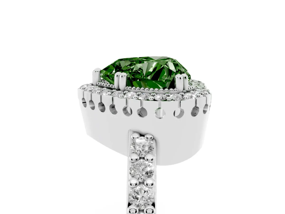 Fancy Green Heart Cut Cut Diamond Halo Engagement Ring with Milgrain Detail and Pavé Band Silver