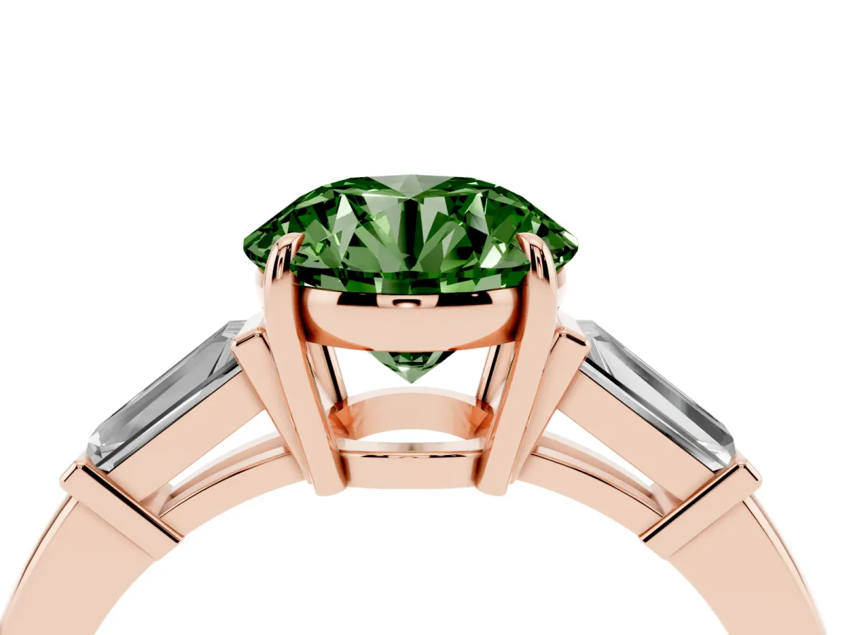 Fancy Green Round Cut Diamond Three-Stone Ring with Tapered Baguette Side Stones and Prong Setting Rose gold