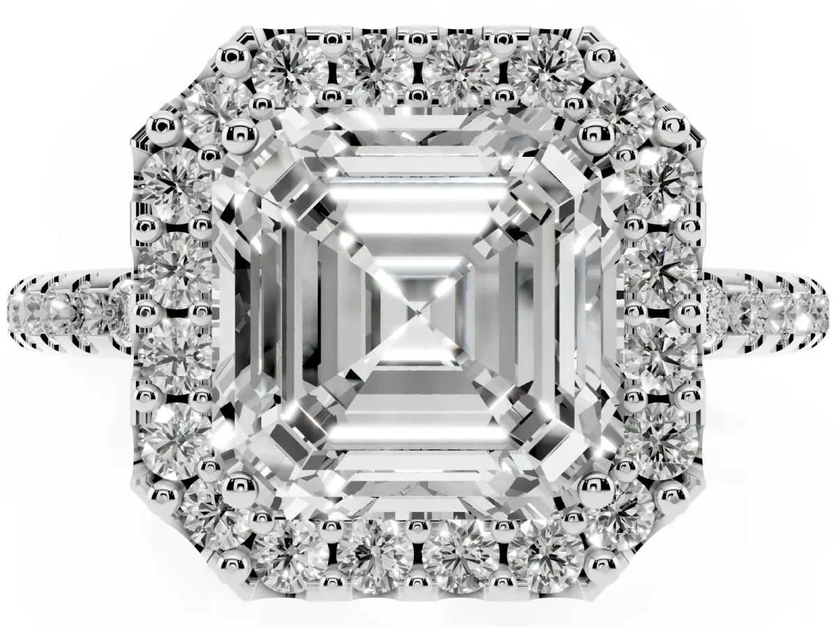 Asscher Cut Diamond Pavé Halo Ring with Four-Prong Setting Silver