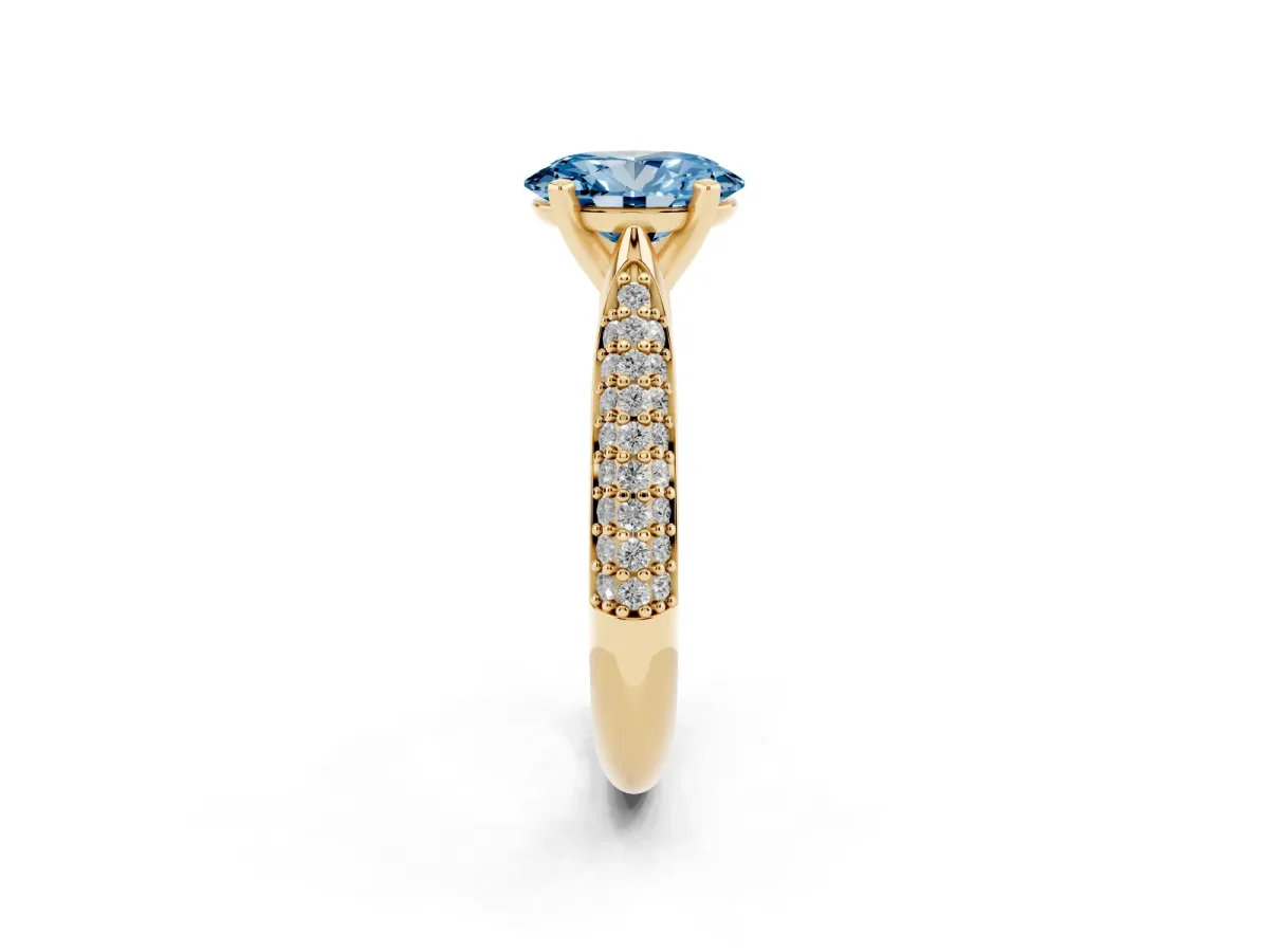 Fancy Blue Oval Cut Diamond Solitaire Engagement Ring with Multi-Row Round Pavé Band and Prong Setting Yellow gold