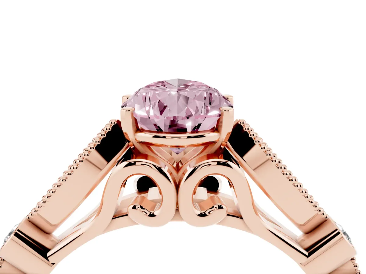 Fancy Pink Pear Cut Cut Diamond with Milgrain Marquise and Bezel Accents on a Solitaire Band with Prong Setting Rose gold