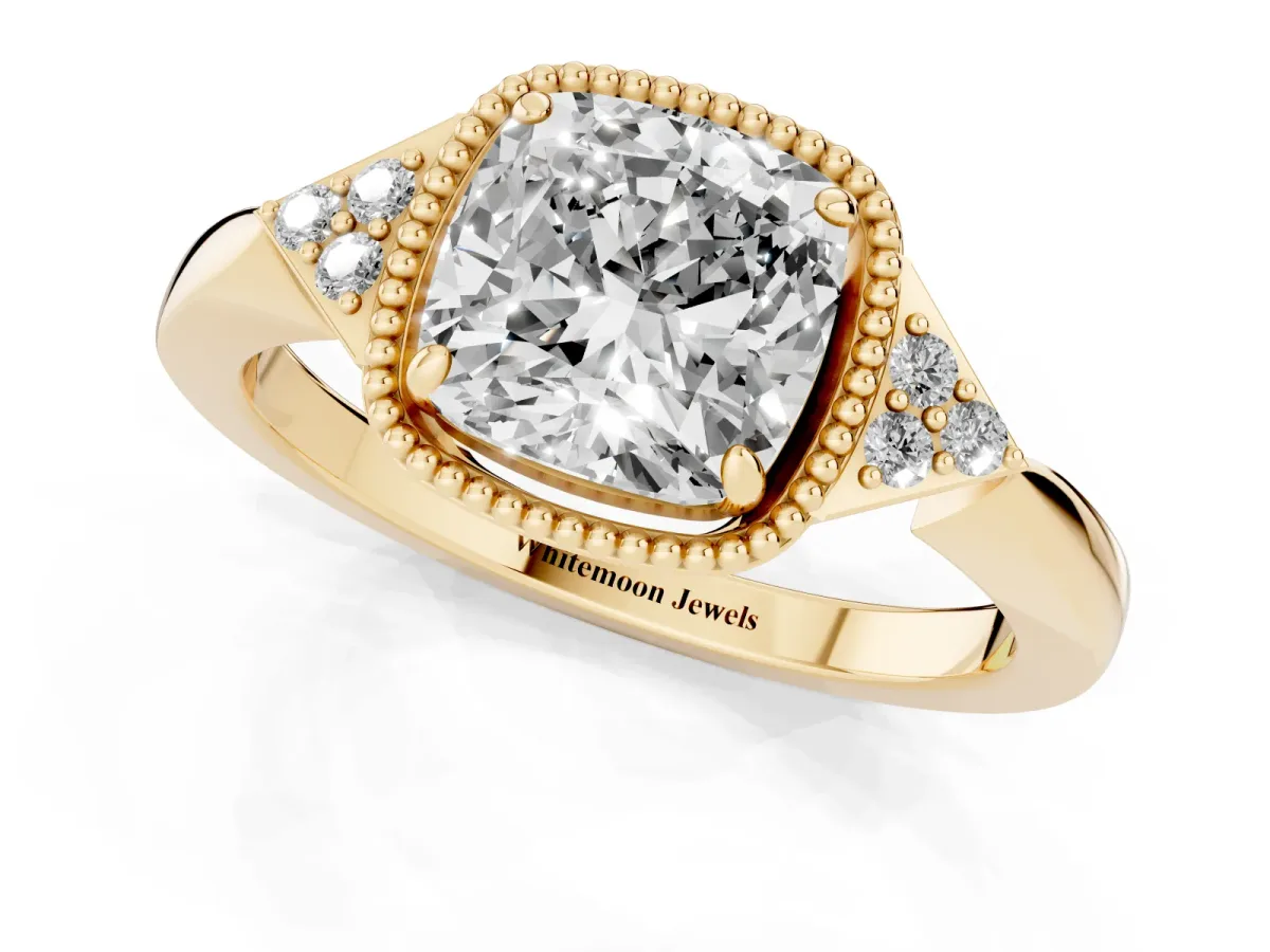 Hexagonal Halo Cushion Cut Diamond Solitaire with Pavé Band and Four-Prong Setting Yellow gold