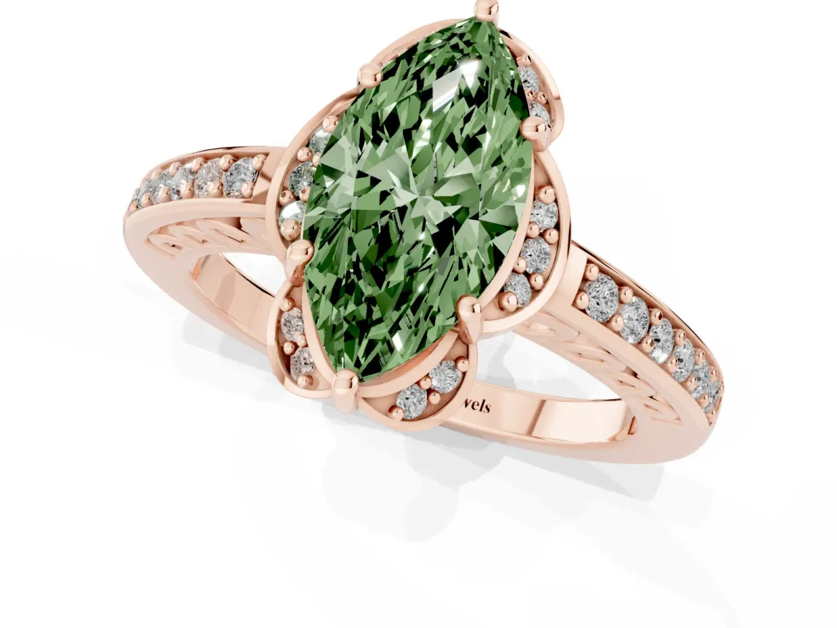 Fancy Green Marquise Cut Cut Halo Diamond Ring with Channel Set Band and Four-Prong Setting Rose gold