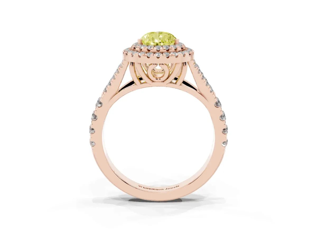 Fancy Yellow Pear Cut Diamond Pavé Split Shank Double Halo Engagement Ring Rose gold