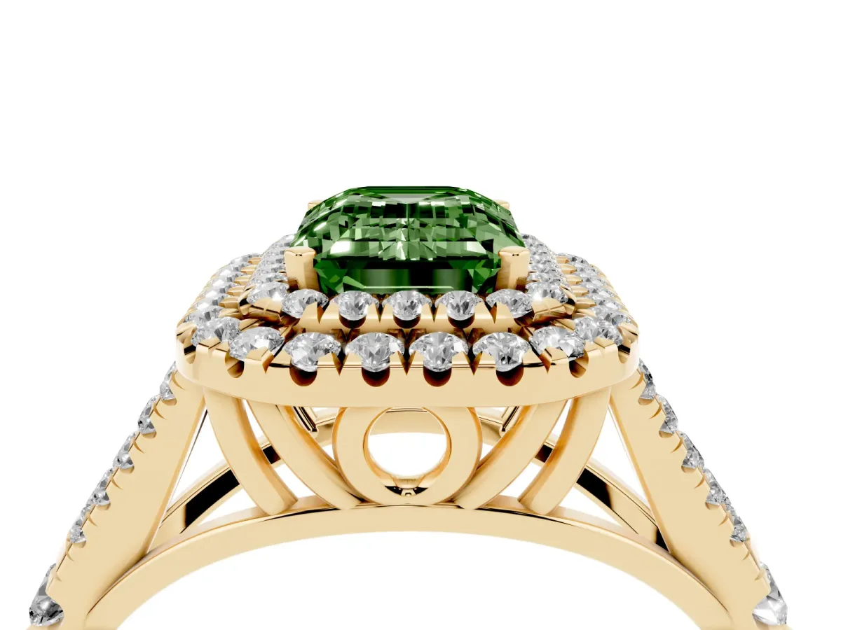 Fancy Green Emerald Cut Diamond Pavé Split Shank Double Halo Engagement Ring Yellow gold
