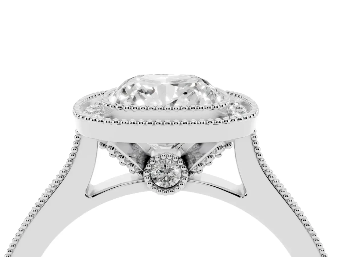 Halo Cushion Cut-Cut Diamond Pave Band Milgrain Prong Setting Ring Silver