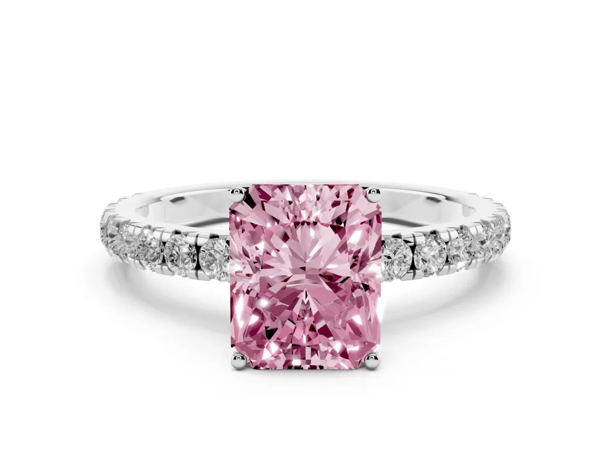 Fancy Pink Radiant Cut Diamond Pavé Solitaire Engagement Ring with Four-Prong Setting Silver