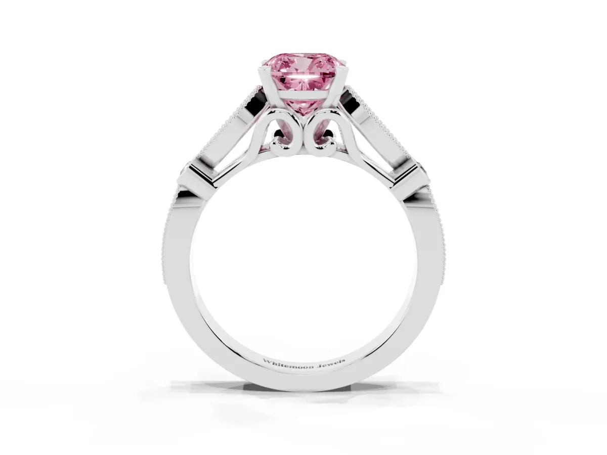 Fancy Pink Cushion Cut Cut Diamond with Milgrain Marquise and Bezel Accents on a Solitaire Band with Prong Setting White gold
