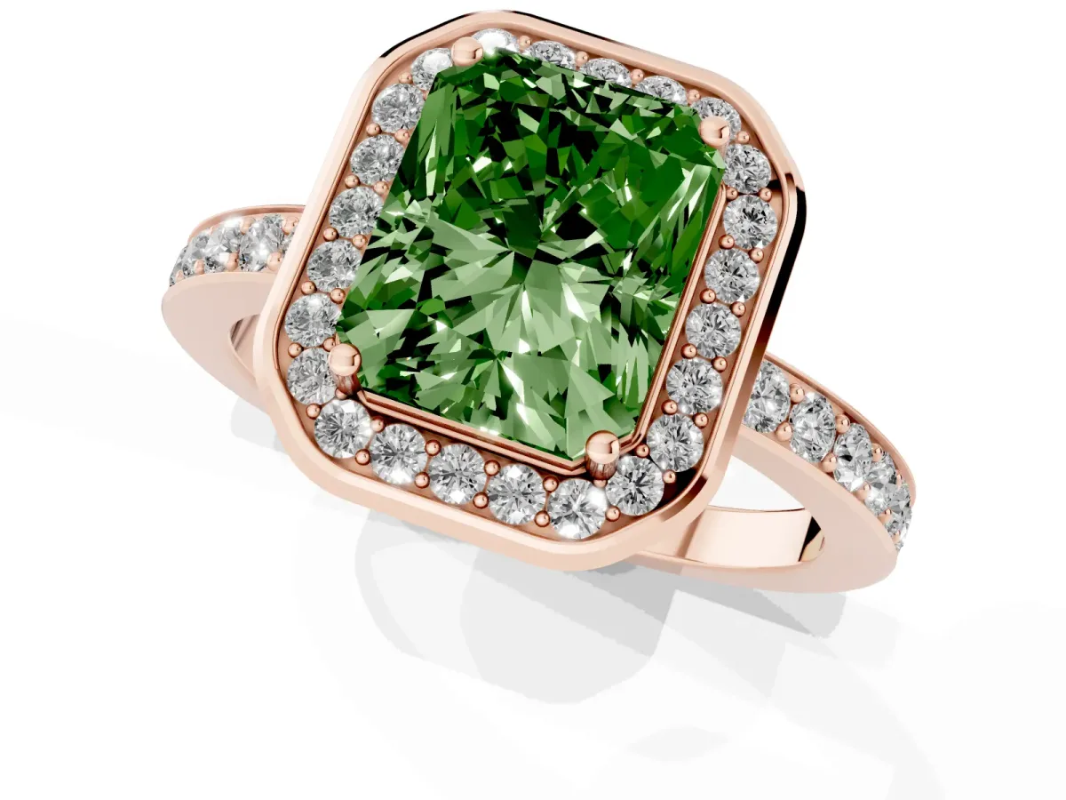 Fancy Green Radiant Cut Diamond Halo Ring with Bezel Frame and Pavé Band Rose gold