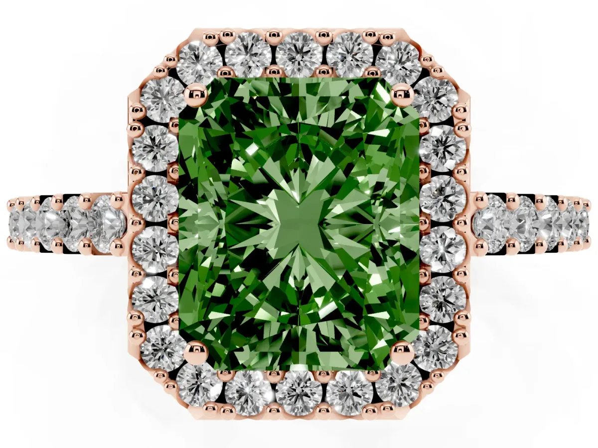 Fancy Green Radiant Cut Halo Diamond Pavé Solitaire Ring Rose gold