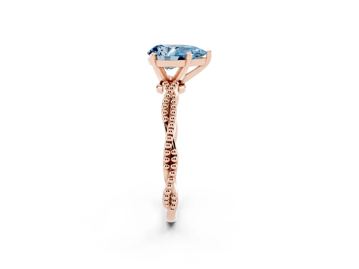 Fancy Blue Pear Cut Solitaire Twisted Band with Bead Prong Setting Rose gold