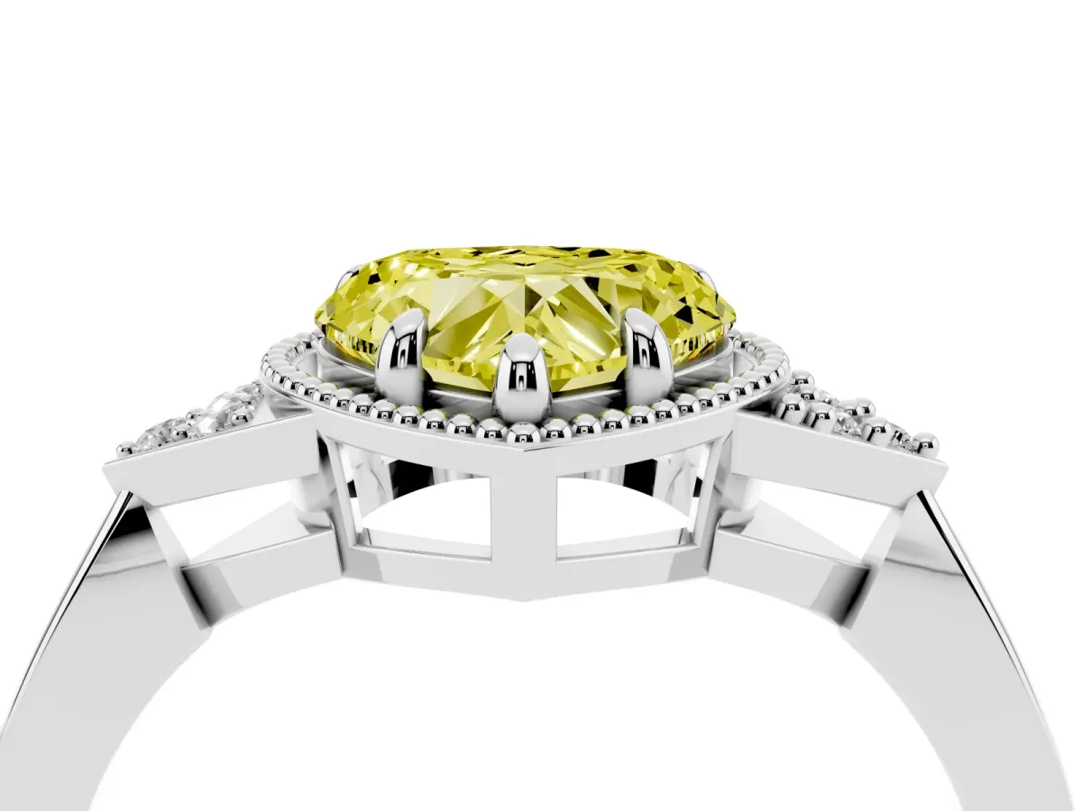 Fancy Yellow Hexagonal Halo Heart Cut Diamond Solitaire with Pavé Band and Four-Prong Setting Silver