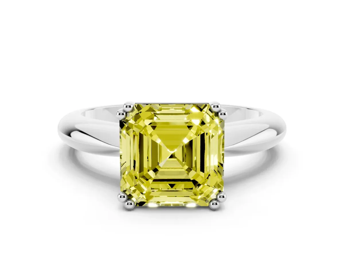 Fancy Yellow Asscher Cut Cut Solitaire Engagement Ring with Tapered Band and Four-Prong Setting Platinum