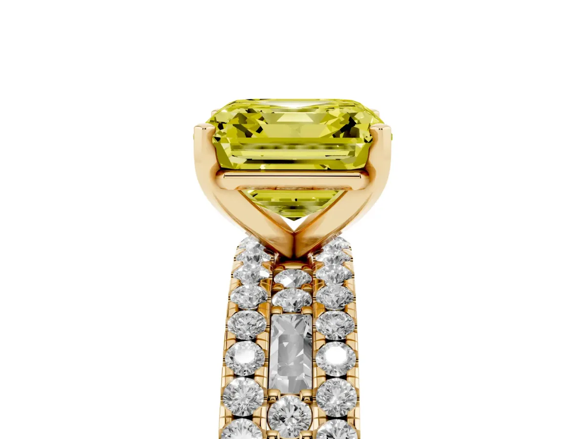Fancy Yellow Asscher Cut Diamond Solitaire Ring with Pavé and Channel Set Band Yellow gold