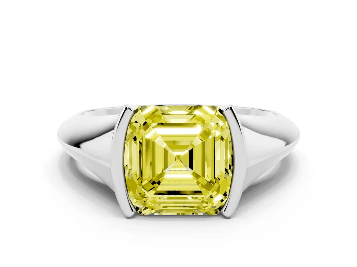 Fancy Yellow Asscher Cut Solitaire Tension Set Diamond Ring Silver