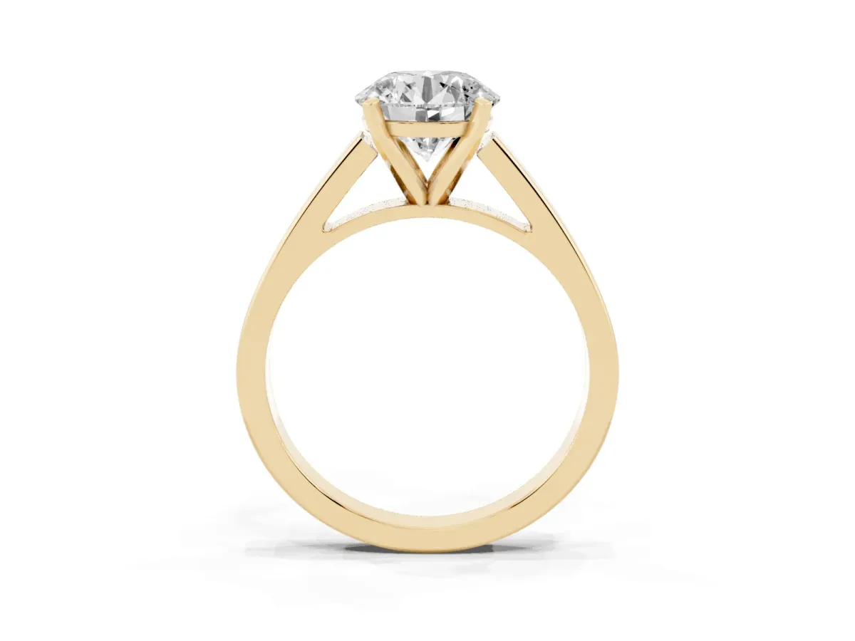 Round Cut Solitaire Engagement Ring with Four-Prong Setting and Tapered Band Yellow gold