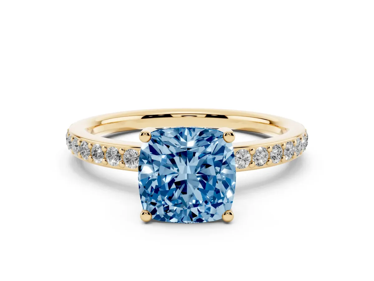 Fancy Blue Cushion Cut Cut Diamond Pavé Band Ring with Four-Prong Setting Yellow gold