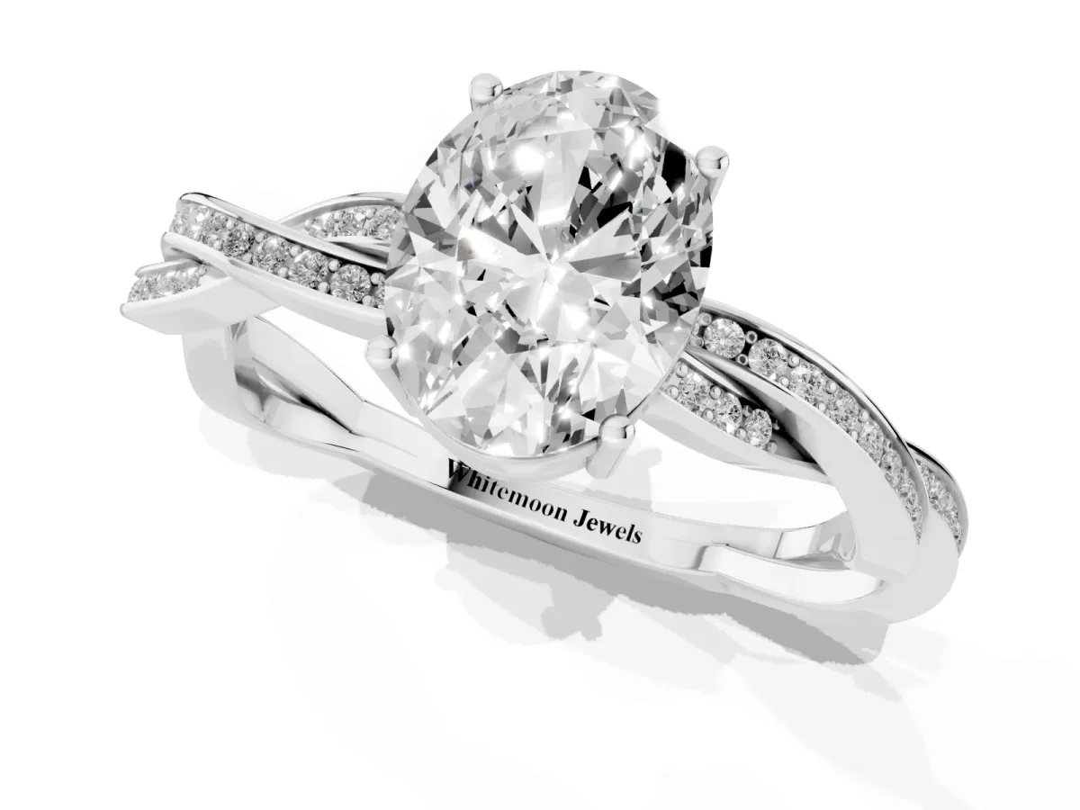 Oval Cut Solitaire Twisted Pave Diamond Ring with Four-Prong Setting Silver