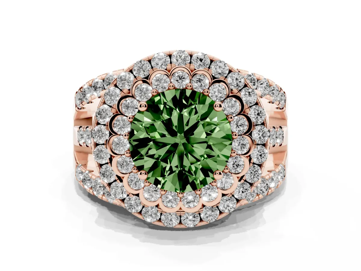 Fancy Green Round Cut Diamond Double Halo Ring with Round Pavé Split Shank and Prong Setting Rose gold