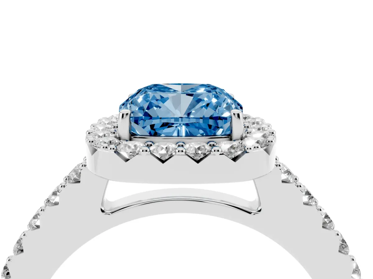 Fancy Blue Cushion Cut Halo Diamond Pavé Solitaire Ring Platinum