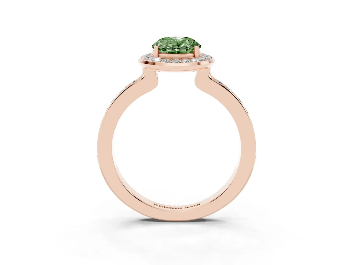 Fancy Green Oval Cut Diamond Halo Ring with Bezel Frame and Pavé Band Rose gold