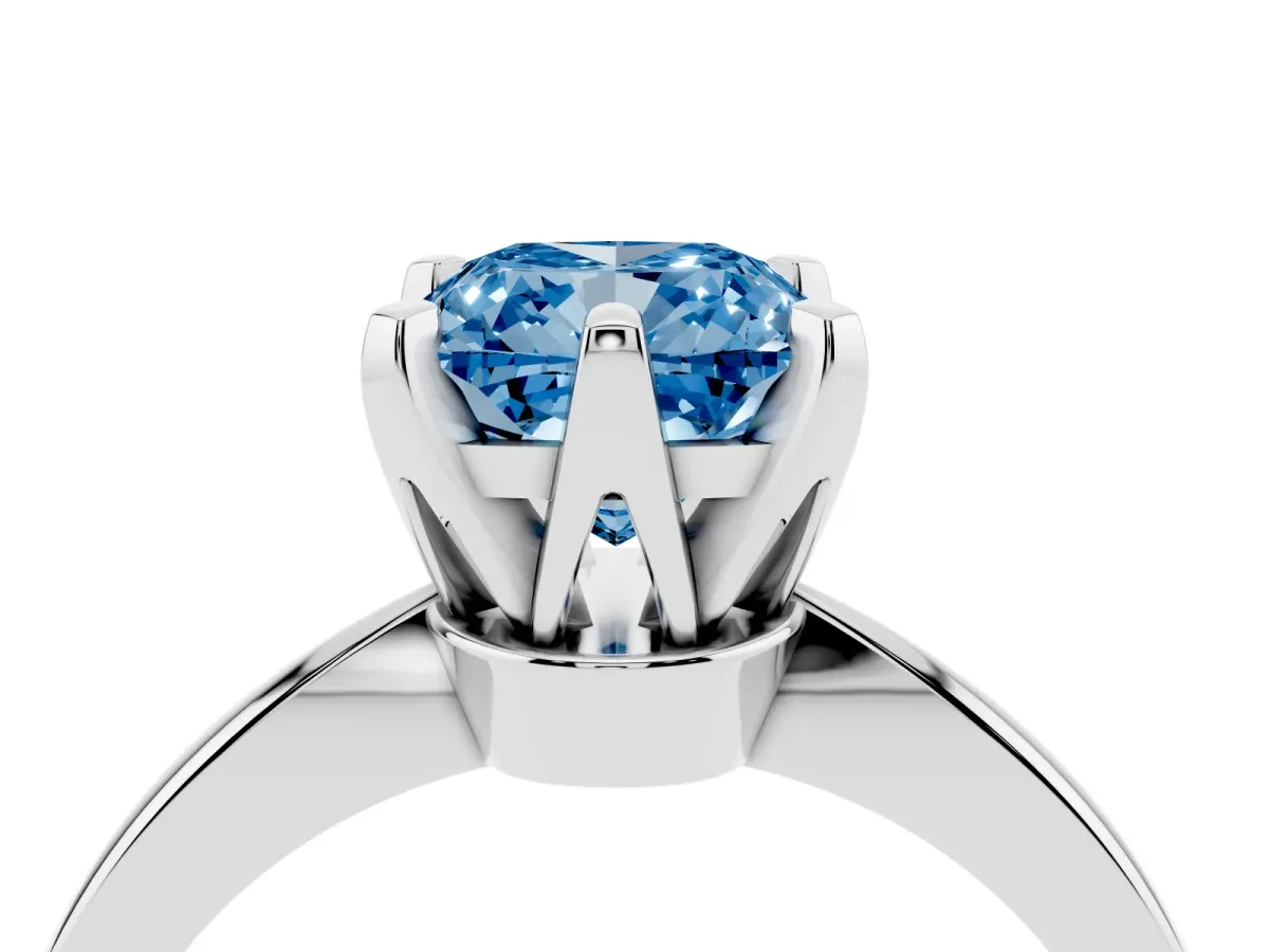 Fancy Blue Cushion Cut Solitaire Engagement Ring with Six-Prong Setting and Tapered Band White gold